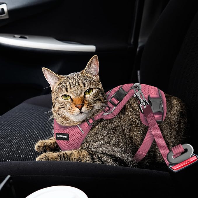 Cat Harness and Leash Set for Walking Escape Proof, Improved Four Place Adjustable Cat Car Harness, Soft Kittens Vest with Reflective Strip for Cats, Comfortable Outdoor Vest, Pink, XS