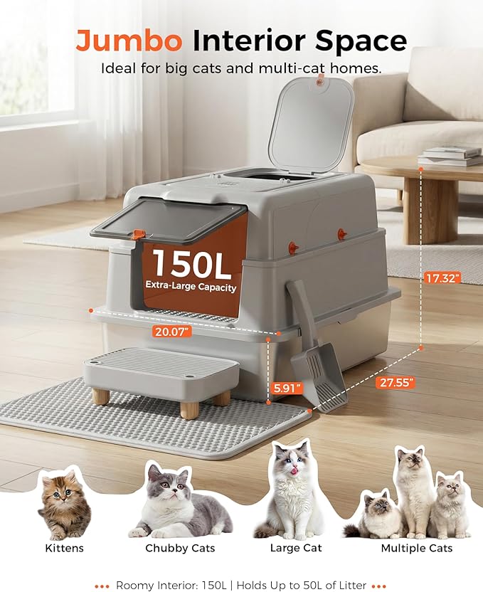 GTPLAYER XXXL Stainless Steel Cat Litter Box with Lid, Dual-Entry Enclosed Litterbox (Front Entry & Top Exit), High-Sided, Non-Stick, Odor Control, for Big Cats, with Mat, Scoop & Step, Grey