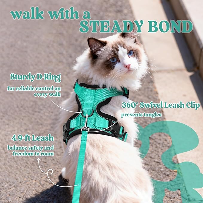 rabbitgoo Cat Harness and Leash for Walking, Escape Proof Soft Adjustable Vest Harnesses for Cats, Easy Control Breathable Reflective Strips Jacket, Emerald, S