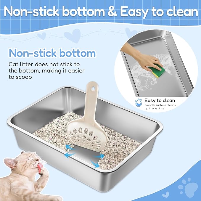LIHONG Stainless Steel Cat Litter Box,Large Metal Litter Box for Small Large Cats Kitty Rabbits,No Smell,Non Stick,Easy to Clean(20" Lx14 Wx4 H,L)