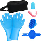 7 Pcs Bathing Kit with Storage Bag for Dogs & Cats Includes Pet Grooming Gloves, Dog Bath Brush & Finger Toothbrush All-in-One Pet Care (Ocean Blue)