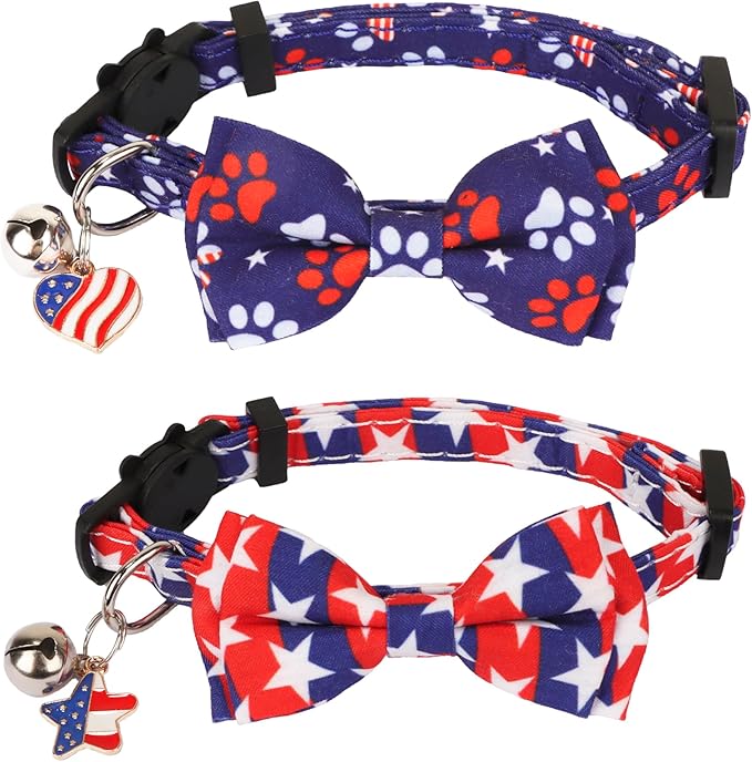ADOGGYGO American Flag Cat Collar Breakaway with Bow Tie Bell - 2 Pack 4th of July Kitten Collar with Removable Bowtie Red Blue American Flag Collars for Cat Kitten