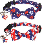 ADOGGYGO American Flag Cat Collar Breakaway with Bow Tie Bell - 2 Pack 4th of July Kitten Collar with Removable Bowtie Red Blue American Flag Collars for Cat Kitten