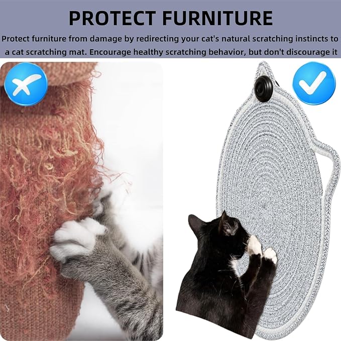 Cat Scratcher Mat, Natural Cotton Rope Cat Scratching Pad, 16.9'' Round Cat Wall & Floor Scratch Pad, Durable Double - Sided Cat Scratcher, Furniture Protector for Wall, Sofa, Couch, Carpet, Dark Grey