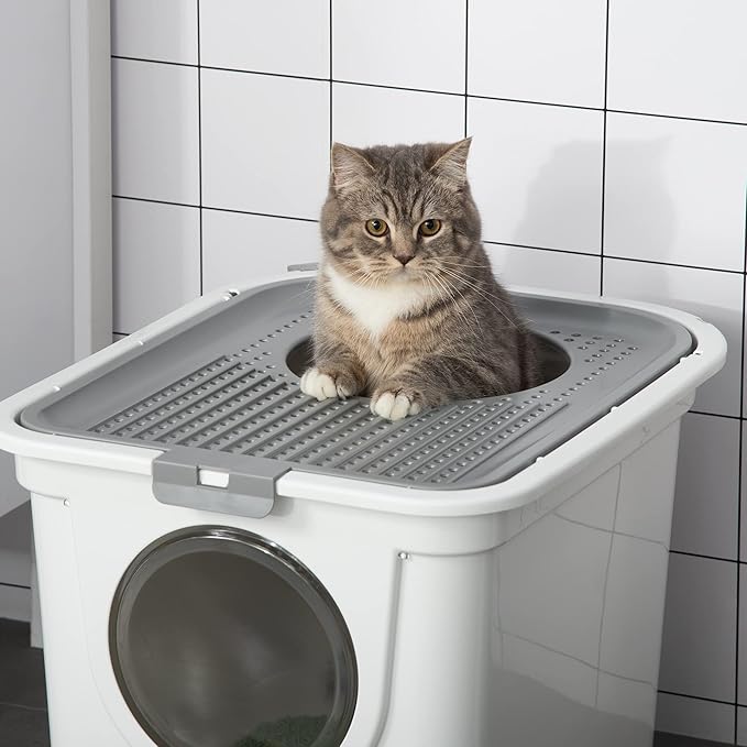 PawHut Cat Litter Box with Lid, Covered Kitty Litter Box with Front Entrance, Top Exit, Scoop, Easy Cleaning Cat Toilet for Odor Control, Privacy, White