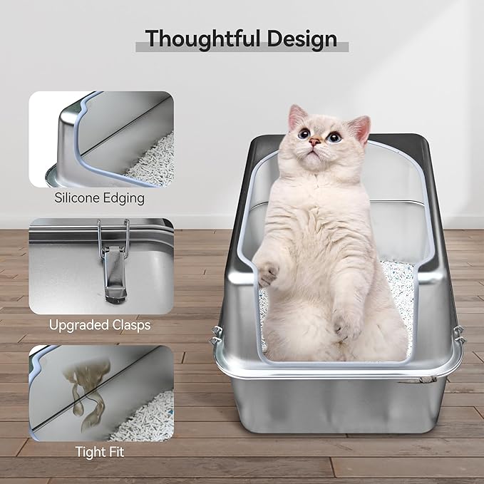 Stainless Steel Litter Box with Metal Lid and Scoop - Enclosed Metal Litter Box for Large Cats, Rust-Resistant, Odor-Control, Easy to Clean, Durable & Long-Lasting with Round Edge (L)