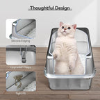 Stainless Steel Litter Box with Metal Lid and Scoop - Enclosed Metal Litter Box for Large Cats, Rust-Resistant, Odor-Control, Easy to Clean, Durable & Long-Lasting with Round Edge (L)