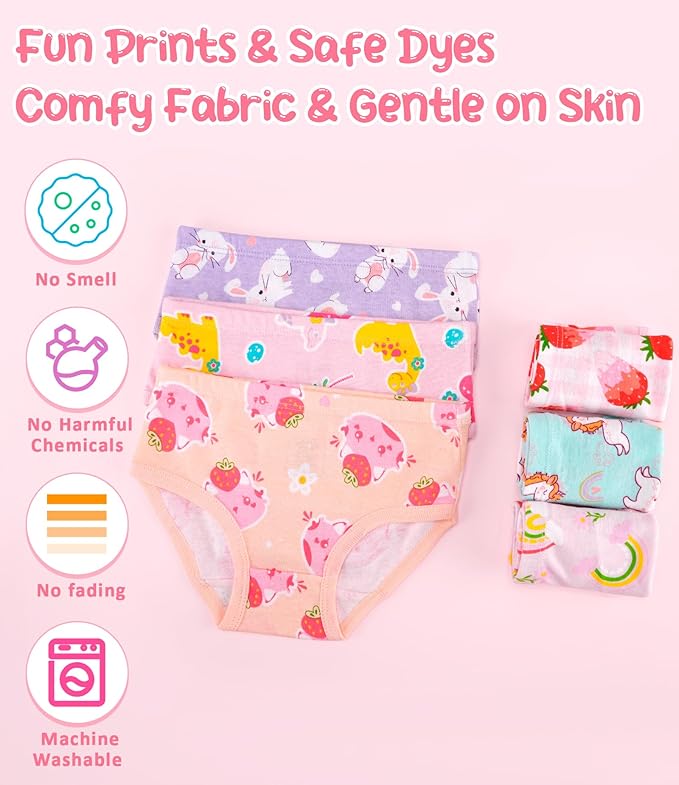 Girls and Toddlers 100% Cotton Underwear Tagless Soft Panties Size 2-3T,4-5T,6,8,10,12 (6-Pack)