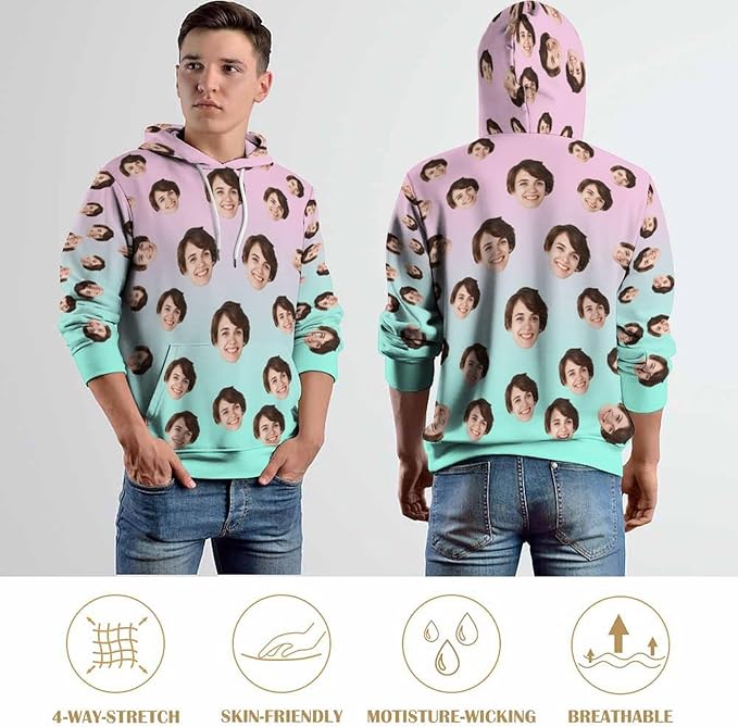 Artsadd Custom Face Unisex athletic Pockets Sweatshirt Loose Hoodie Custom Christmas Long Sleeve Sweatshirt Hooded Pullover