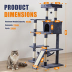 DUMOS Large 63in Cat Tree Tower, Multi Level Cat Climbing Tower with Condo, Natural Sisal Scratching Posts, Extended Platform, Hammock, Pet House for Indoor Cats and Kittens Play, Dark Grey