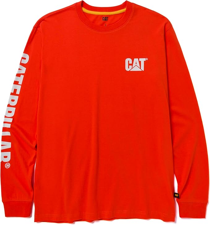 Caterpillar Trademark Banner Long Sleeve Tee Shirts for Men with Center Back Neck Wire Management Loop and Cat Workwear Logo