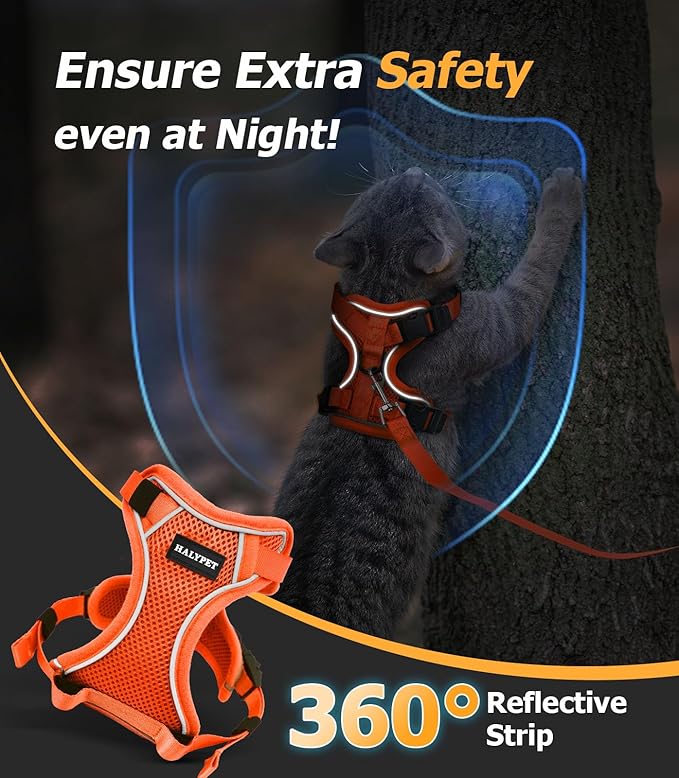 Halypet Cat Harness and Leash Set [MAX Safety 4th-Gen Upgrade] Escape Proof Adjustable Cat Leash Comfortable Soft Vest Easy to Wear Kitten Harness with Reflective Strip for Cats Walking, XS Orange