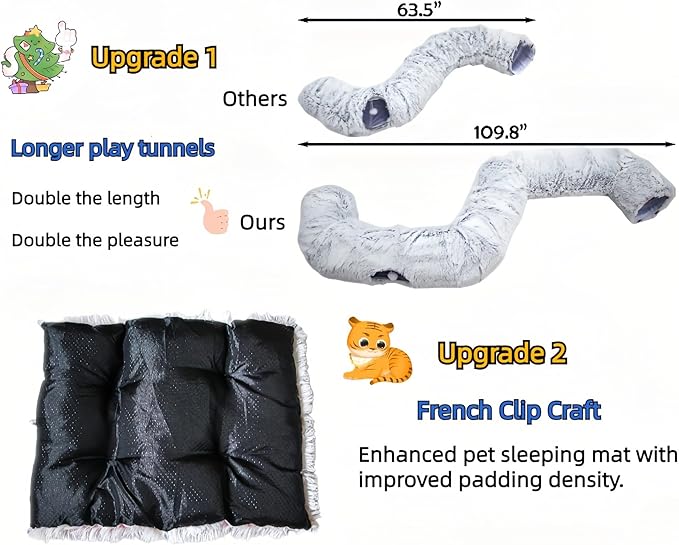 XxingSheep XL Cat Tunnel with Bed for Indoor Cats Peekaboo Cat Cave Donut Toy with Warm Mat,Yellow-Brown