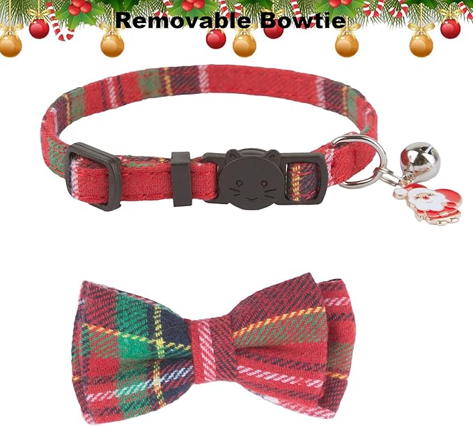 ADOGGYGO Christmas Cat Collars Breakaway with Removable Bow Tie Bell, 2 Pack Red Green Plaid Christmas Bow Collar for Cats Kittens