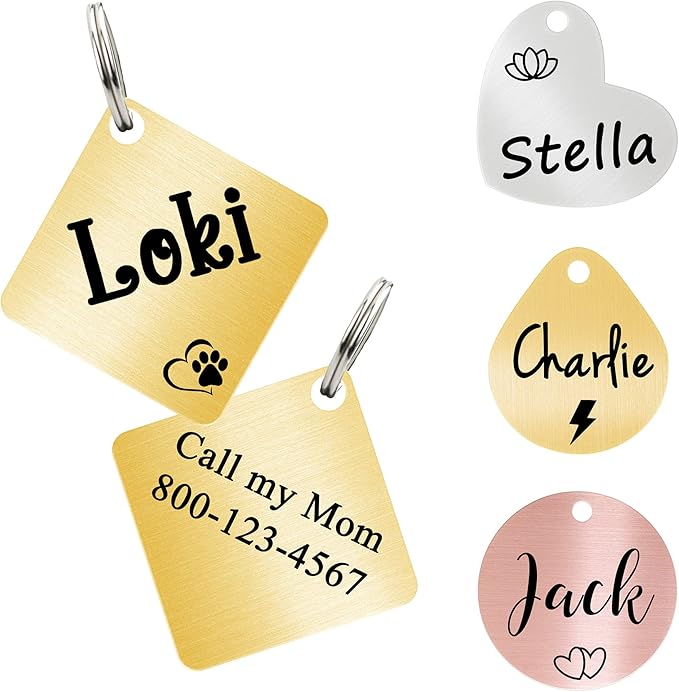 Ultra Joys Cat ID Tag Personalized Pet Tags, Durable Stainless Steel Small Pet Mini Dog Cat Tag Lightweight -Diamond Tag in Gold
