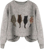 WDIRARA Women's Cat Graphic Sweater Long Sleeve Crew Neck Knit Tops Casual Knitwear