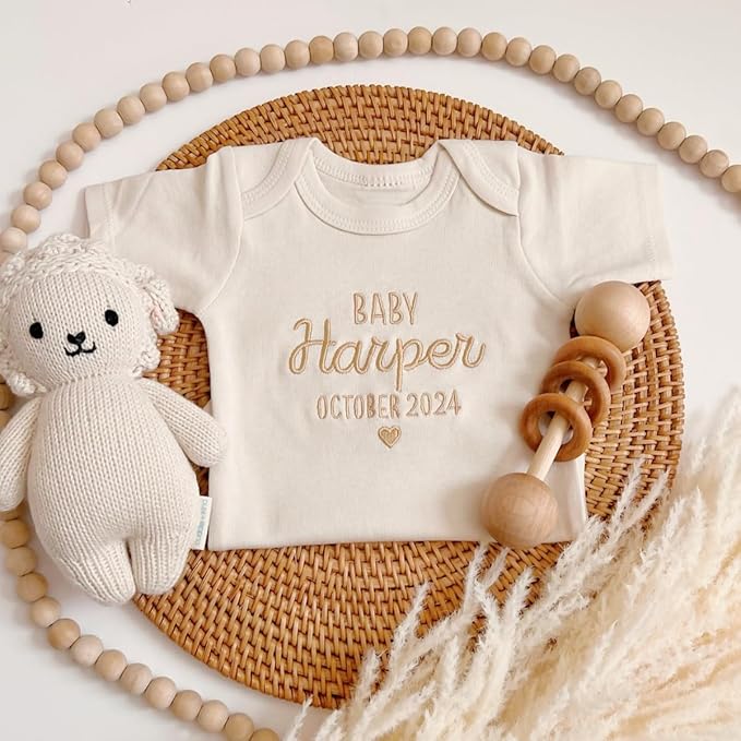 COUPLEHOODIES Personalized Baby Onesie Bodysuit – Custom Embroidery Gift for Pregnancy Reveal Baby Shower or First Grandchild