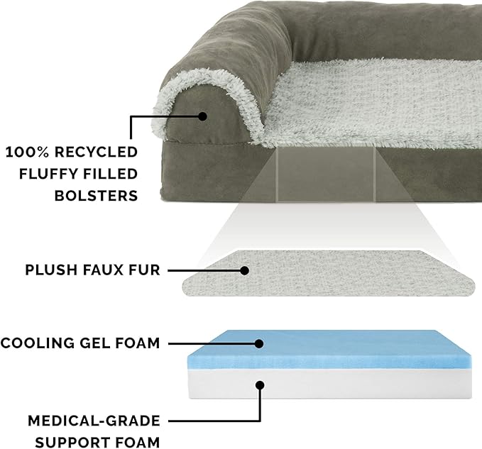 Furhaven Cooling Gel Dog Bed for Medium/Small Dogs w/ Removable Bolsters & Washable Cover, For Dogs Up to 35 lbs - Two-Tone Plush Faux Fur & Suede L Shaped Chaise - Dark Sage, Medium