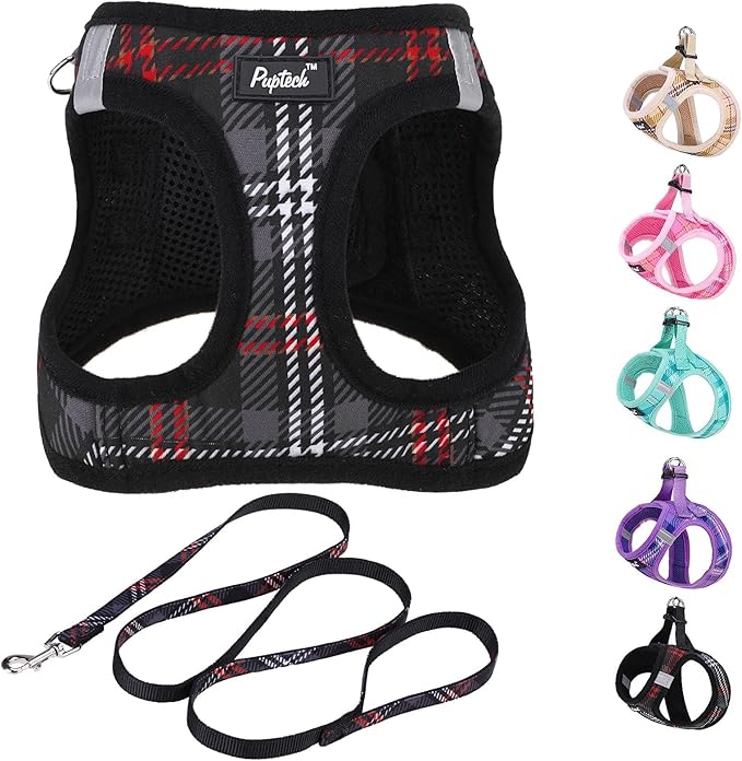 PUPTECK Dog Harness and Leash Set for Small Medium Dogs No Pull Step-in Soft Mesh Puppy Cat Vest Harnesses Reflective at Night, Plaid Pattern Black S