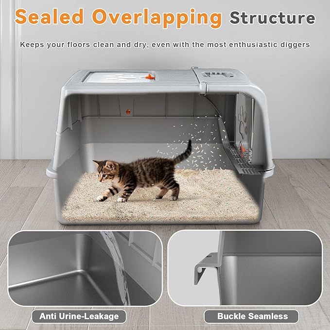 Stainless Steel Cat Litter Box with Lid, 180° Flip Top XXL Enclosed Litter Box with Cat Pedal Step Stool & Scoop, Front Top Dual Entry Steel Extra Large Cats Litter Pan, Light Grey