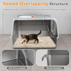 Stainless Steel Cat Litter Box with Lid, 180° Flip Top XXL Enclosed Litter Box with Cat Pedal Step Stool & Scoop, Front Top Dual Entry Steel Extra Large Cats Litter Pan, Light Grey