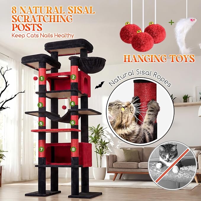 Globlazer XXL Giant Gothic Cat Tree, 83 Inch Heavy Duty Tall Goth Cat Tower for Indoor Cats Large Adult, Multi-Level Large Cat Condo with 8 Scratching Posts, Hammock, 2 Platform, F83B, Black Red