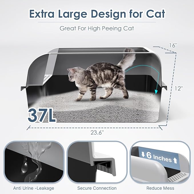 Non-Sticky Coated Stainless Steel Cat Litter Box with Lid Extra Large Litter Box for Big Cats XL Metal Litter Pan Tray with High Wall Sides Enclosure, Anti-Leakage, Easy Cleaning