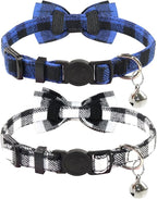 Joytale Upgraded Cat Collar with Bells, Breakaway Cat Collars with Bow Tie, 2 Pack Girl Boy Safety Plaid Kitten Collars, Black+Blue