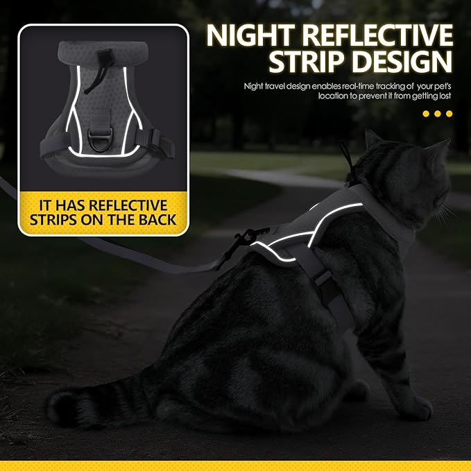 Cat Harness and Leash Set - Escape Proof, Adjustable Breathable Vest Harnesses with Reflective Strips, Easy Control & Secure Walking for Small Medium Large Cats Kitten Collar (Grey, Medium)