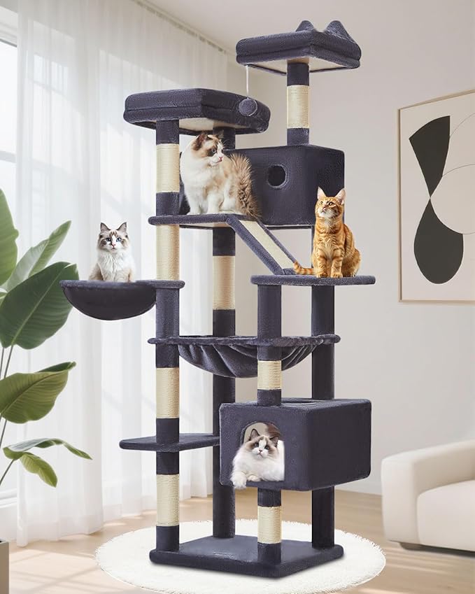 Taoqimiao Cat Tree 71-Inch, Cat Tower for Indoor Cats Large Adult, Multi-Level Large Cat Condo, 8 Sisal Scratching Posts, Metal Frame Cozy Hammock, Scratch Board, 2 Top Perches, Smoky Gray MS026LG