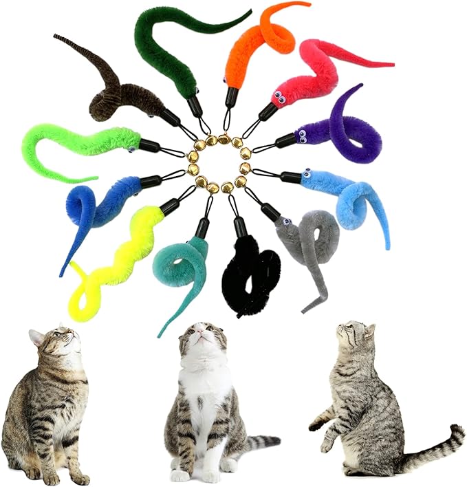 AcceLeah Cat Worm Toy Teaser Wand Replacement, Cat Worms & Dragonfly Refill, Assorted Teaser Refills with Bell (12Pcs)