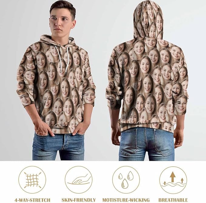 Artsadd Custom Face Unisex athletic Pockets Sweatshirt Loose Hoodie Custom Christmas Long Sleeve Sweatshirt Hooded Pullover