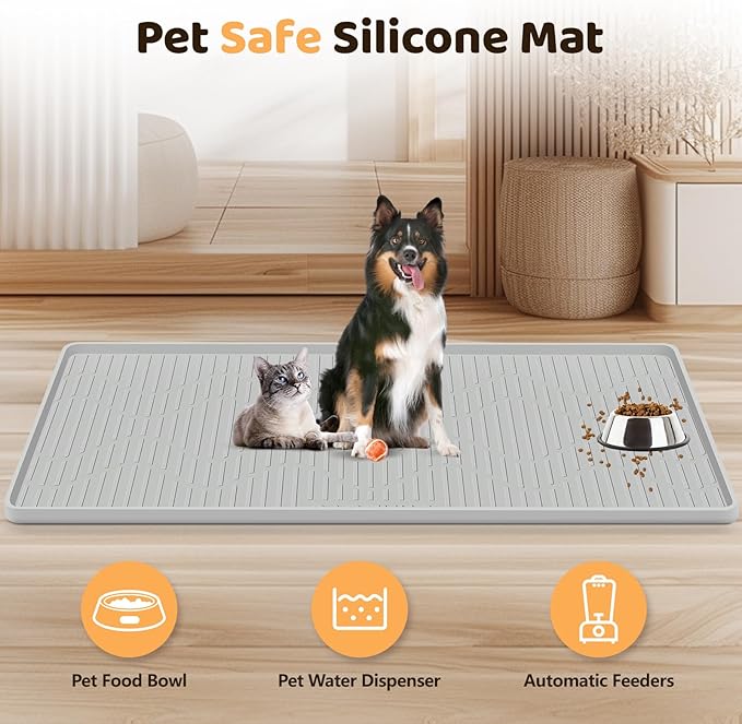 Silicone Cat & Dog Food Mat, 24" x 24" Large Pet Feeding Mat for Cats and Dogs Bowl, Pet Placemat for Food and Water with Raised Edge, Waterproof, Leakproof (Grey)