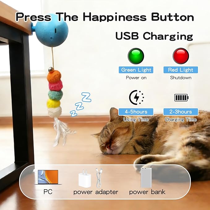 Puffluv Interactive Cat Toy for Indoor Cats, Automatic Electric Flying Bird Feather Wand Toy,Hanging Feather Wand with Stretch Cord, Rechargeable Teaser for Kittens and Adult Cats Play,Blue