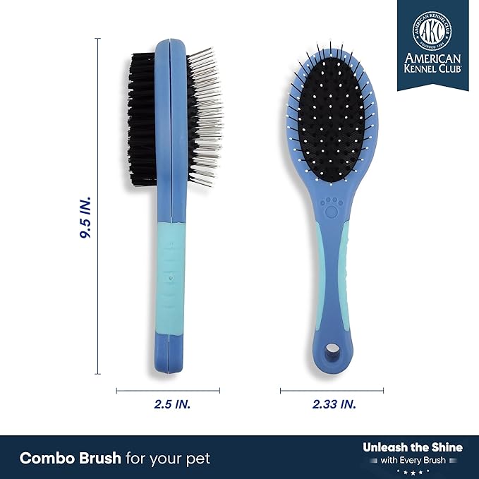 American Kennel Club AKC Pet Grooming Brush for Dogs and Cats - 2-in-1 Deshedding and Detangling Brush with Dense Nylon Bristles, Removes Loose Hair for Short and Long Coat Dogs and All Breeds