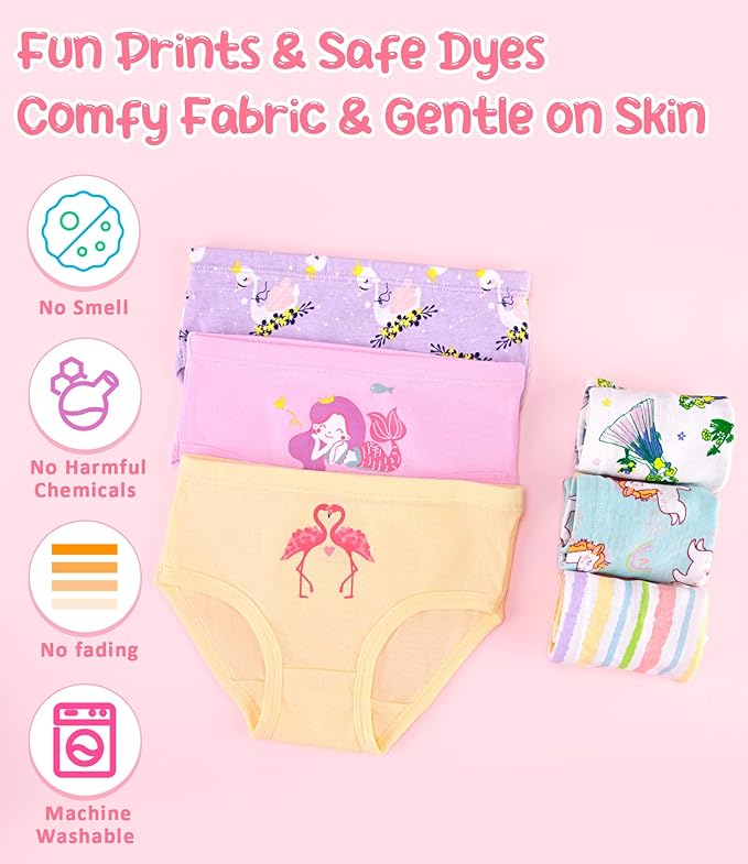 Girls and Toddlers 100% Cotton Underwear Tagless Soft Panties Size 2-3T,4-5T,6,8,10,12 (6-Pack)