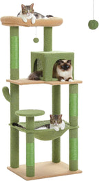 Cactus Cat Tree for Large Cats with Metal Plush Big Hammock, 56.3" Cat Tower for Indoor Cats with 2 Door Condo House, 6-Tier Cat Shelves with Scratching Posts and Large Top Perch,Green