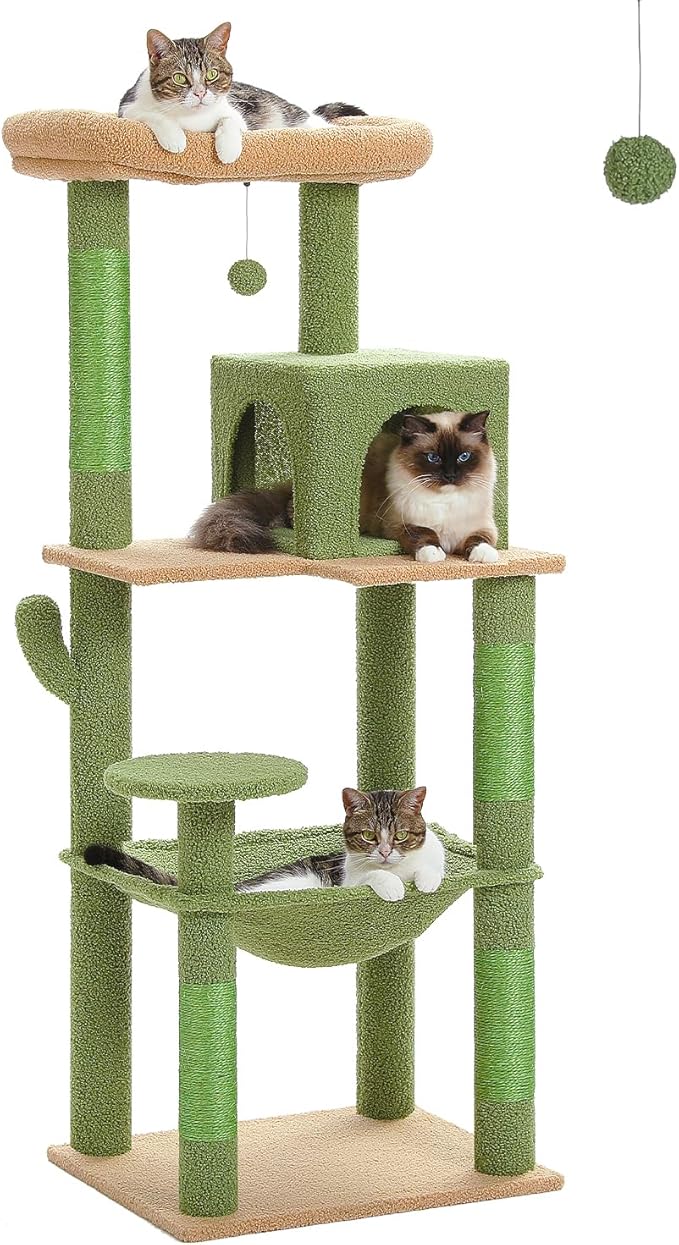 Cactus Cat Tree for Large Cats with Metal Plush Big Hammock, 56.3" Cat Tower for Indoor Cats with 2 Door Condo House, 6-Tier Cat Shelves with Scratching Posts and Large Top Perch,Green