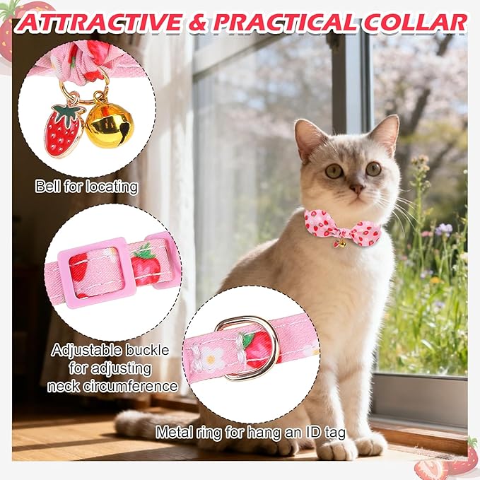 EXPAWLORER Bunny Ear Cat Collar with Bell, Soft Breakaway Kitten Collar with Bow and Accessory, Pink Girl Cat Collars with Safety Quick Release Clasp, Pet Collar for Valentine's Day (Strawberry)