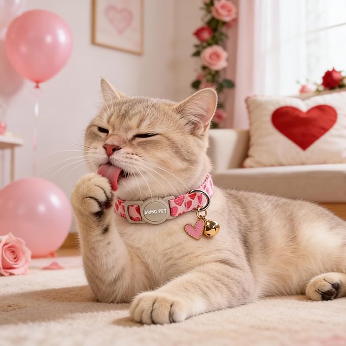 ARING PET 2 Pack Valentine's Day Cat Collar, Breakaway Kitten Small Black White Pink Heart Collars with Bells for Girl Boy Cats