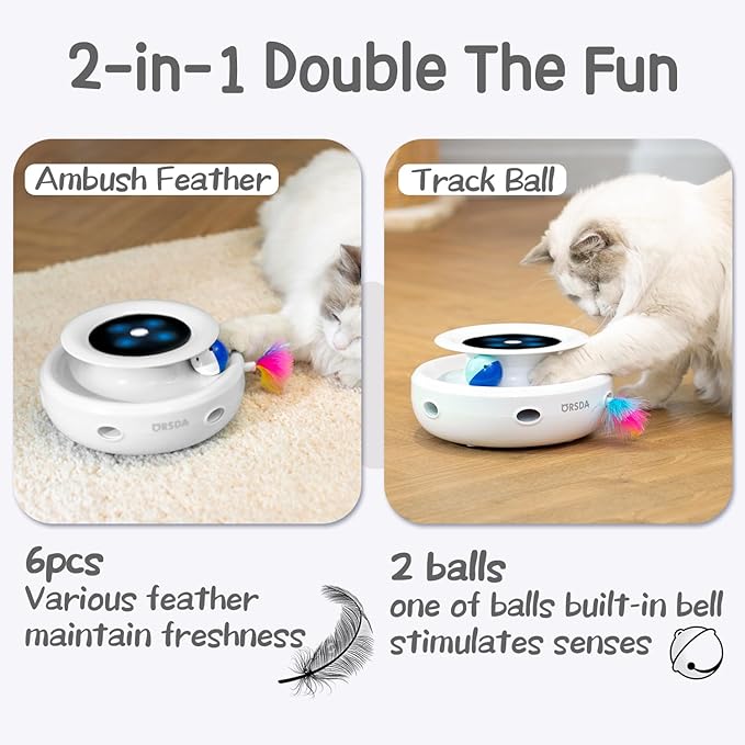 ORSDA 2in1 Interactive Toys for Indoor Cats, Timer Auto On/Off, Cat Toy Balls & Ambush Electronic Cat Mice Toy for Entertainment with 6pcs Feathers, Dual Power Supplies