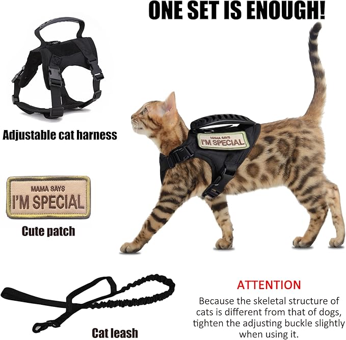 AIWAI Tactical Cat Harness for Walking Escape Proof, Adjustable Pet Vest Harness, Soft Mesh with Control Handle for Large Cat Small Dog, Gift with Patch