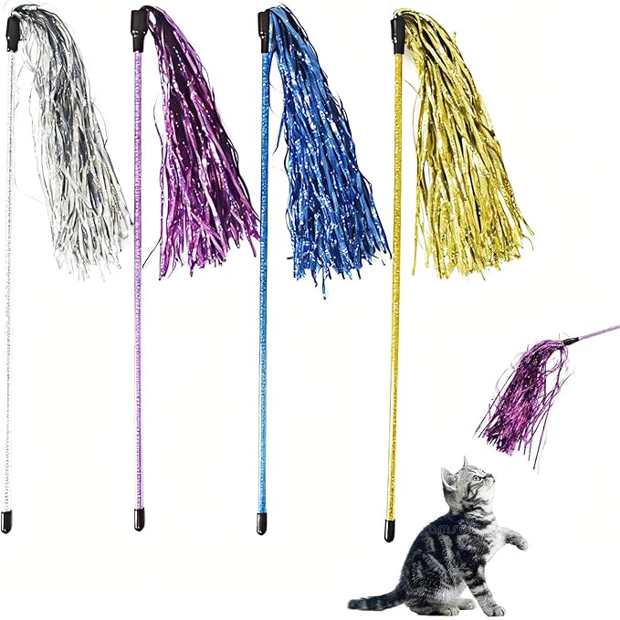 Cat Wand Toys, 4 PCS Tinsel Teaser Wand Shiny Ribbon Kitty Toy Interactive Cat Toy Kitten Wands for Indoor Cat Kitten Having Fun Exerciser Playing