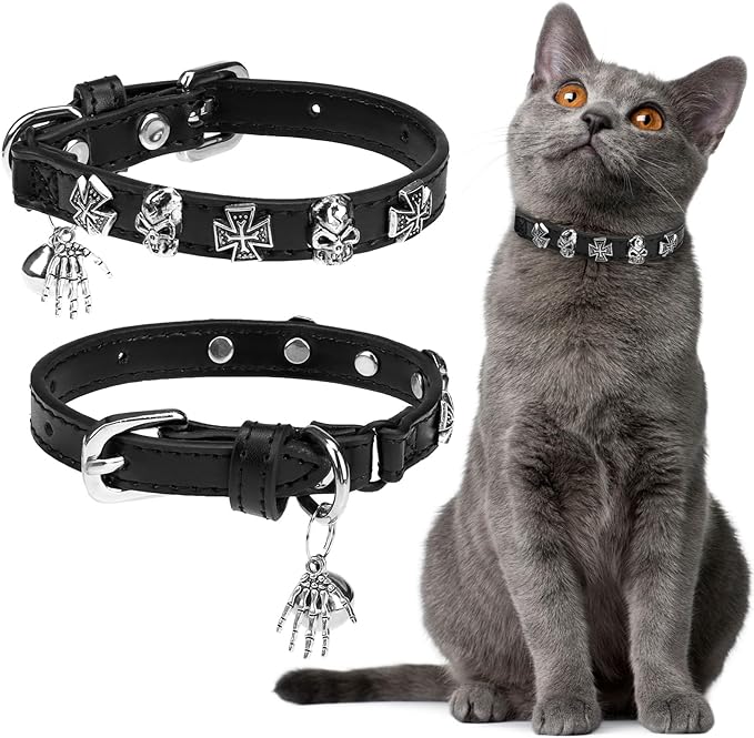 EXPAWLORER Leather Cat Collar for Girl Boy- Adjustable Pet Collar with Safety Elastic Belt,Personalized Punk Accessories Buckle Collars with Bell & Durable D-Ring, Skull(Black)