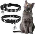 EXPAWLORER Leather Cat Collar for Girl Boy- Adjustable Pet Collar with Safety Elastic Belt,Personalized Punk Accessories Buckle Collars with Bell & Durable D-Ring, Skull(Black)