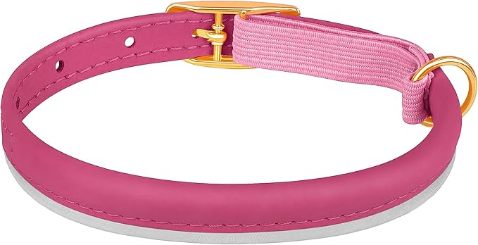 OOPSDOGGY Rolled Leather Cat Collar with Bell - Reflective Kitten Collar with Safety Elastic Strap - Adjustable Small Pet Collars for Boy Girl Cats (Fuchsia)