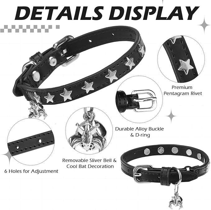 EXPAWLORER Halloween Leather Cat Collar - Adjustable Pet Collar with Rivet Spike for Girl Boy Cats, Punk Accessories with Bell & Durable D-Ring,Silver Pentagram