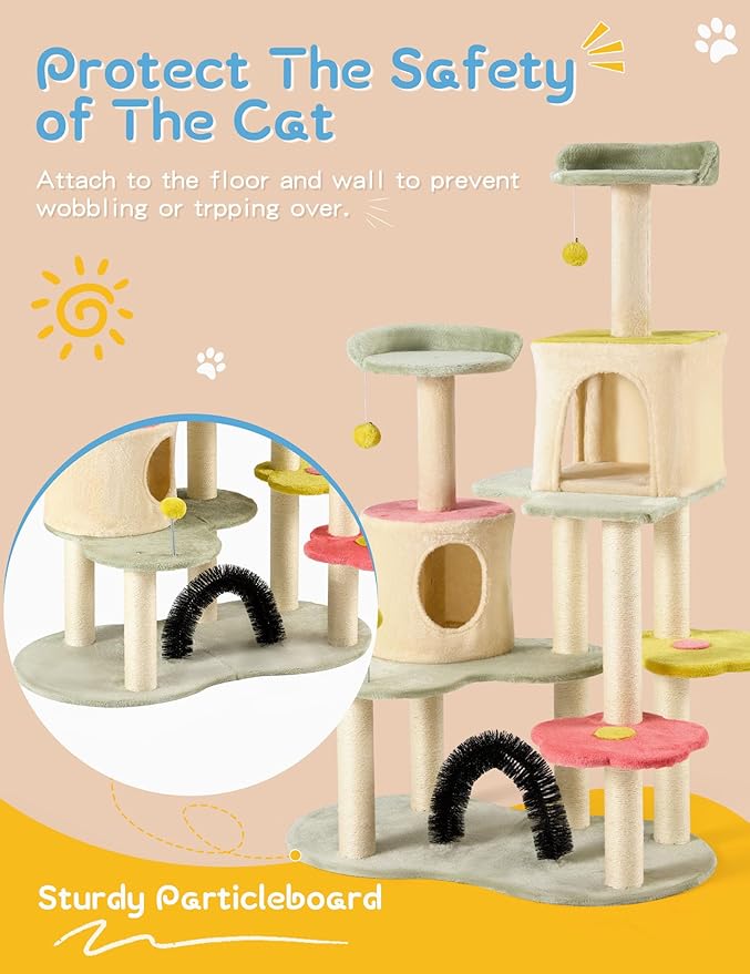 Flower Cat Tree Tower, 59 Inches Cute Cat Tree for Indoor Cats w/Sisal Covered Cat Scratching Posts Stand Cozy Condo, Sturdy Padded Top Perch and Bell Ball Colorful Cat Tree House for Indoor Cats