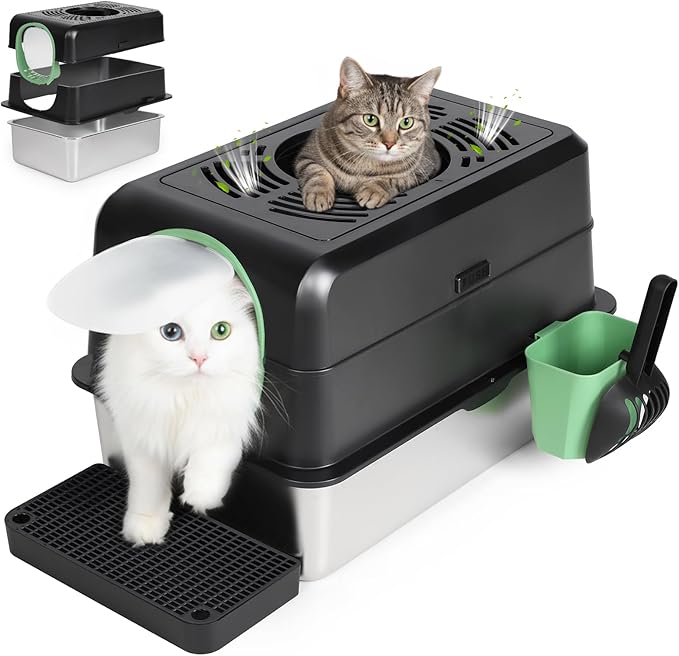 Cat Litter Box with Lid,Extra Large Enclosed Removable Cat Litter Boxes ，Stainless Covered，Top Entry Metal Kitty Litter Box with Cover.High Sided Enclosure with Scoop-Black