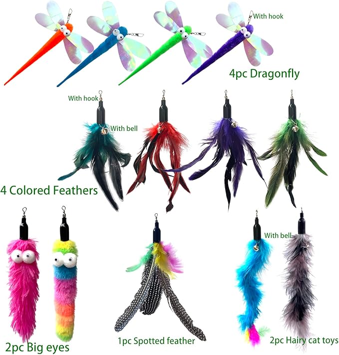 Cat Worm & Dragonfly Teaser Wand Attachments - 13 Pcs Assorted Refills with Bell